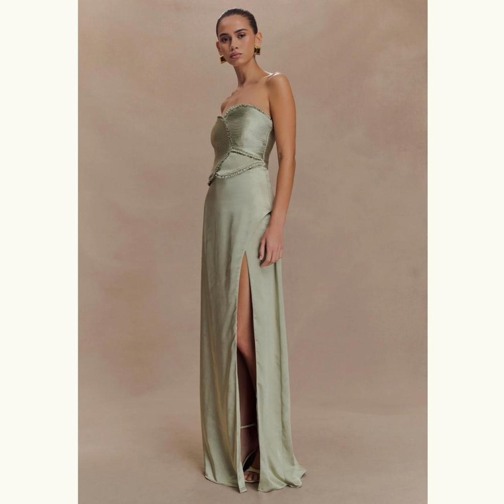 Meshki Green Strapless Slit Maxi Gown